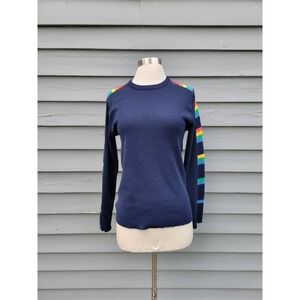 Meister Sweater Navy Blue Rainbow Stripe Wool Vintage Crew Neck Small‎